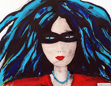 Woman with big hair and a mask